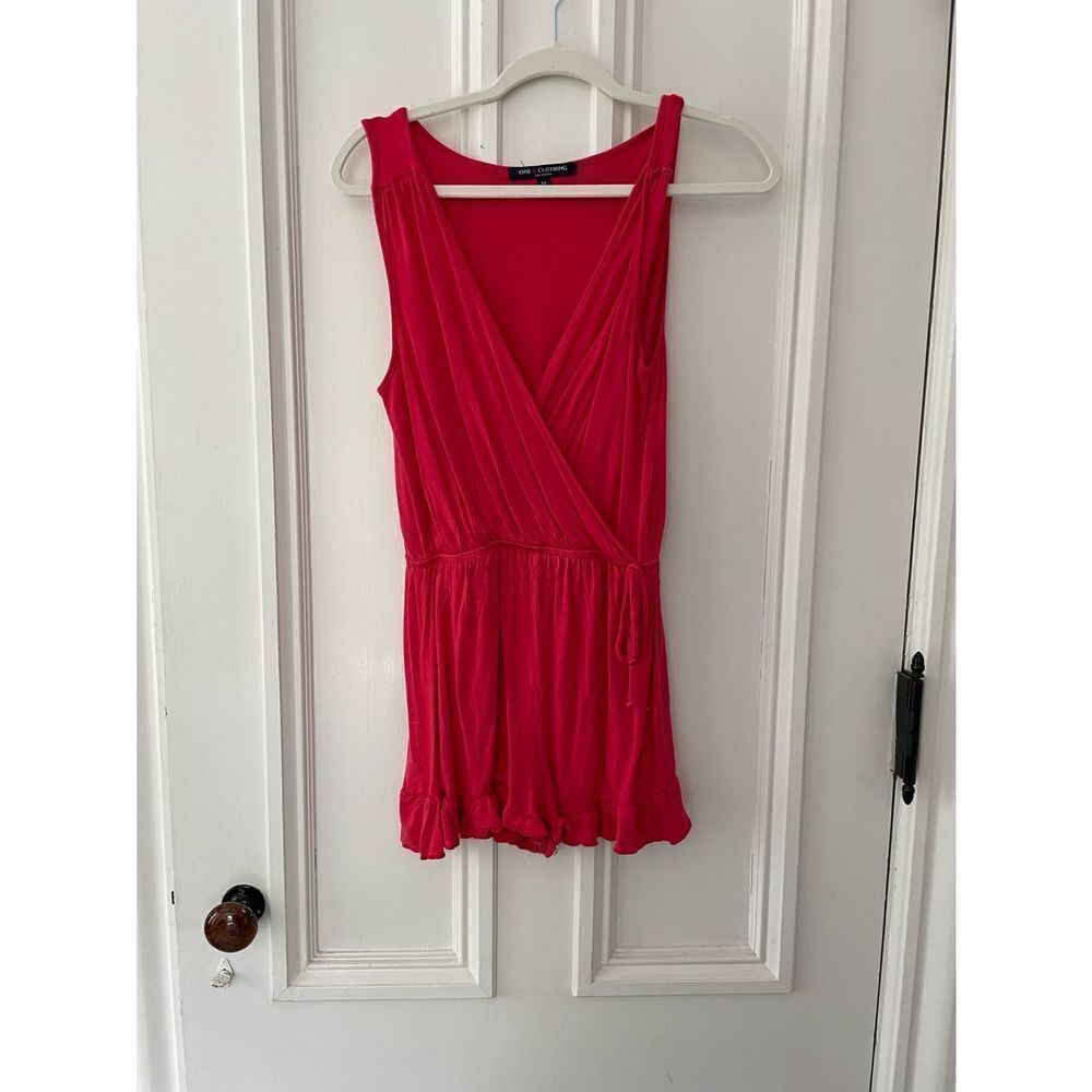 One clothing red ruffled deep v-neck romper M